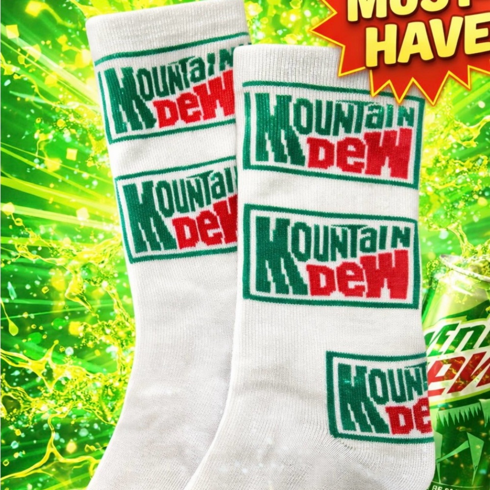 Mountain Dew socks. Men's Crew Socks - White with Green and Red